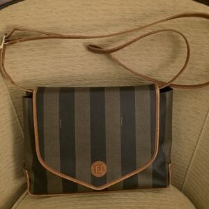 Vintage AUTHENTIC FENDI Pequin Striped Crossbody Shoulder Bag Brown Tan